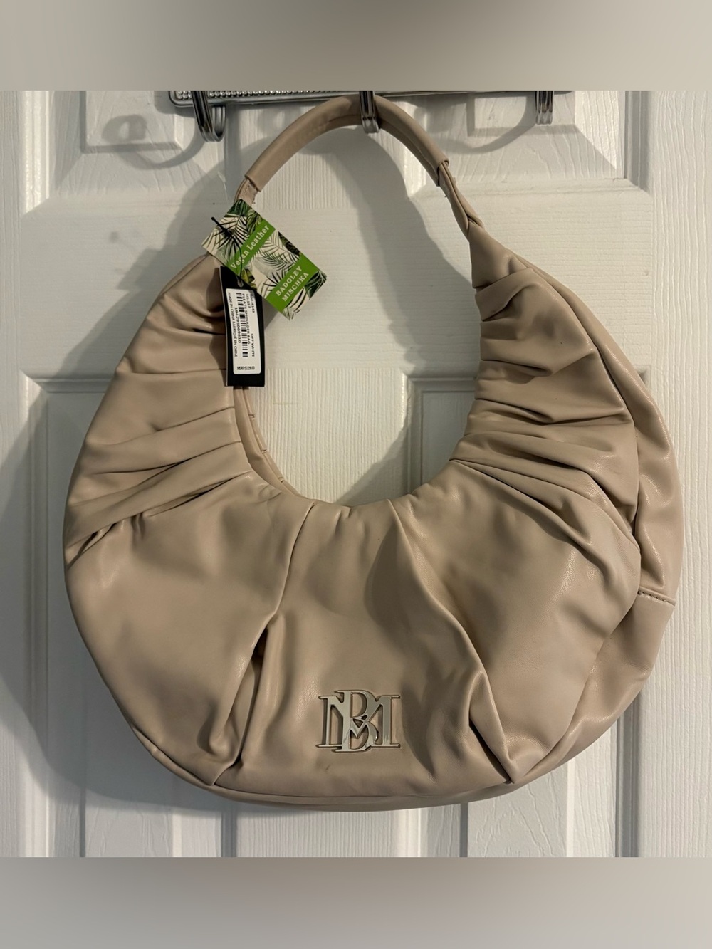 BADGLEY MISCHKA Off-White Ruched Pleated Vegan Leather Crescent Hobo Bag